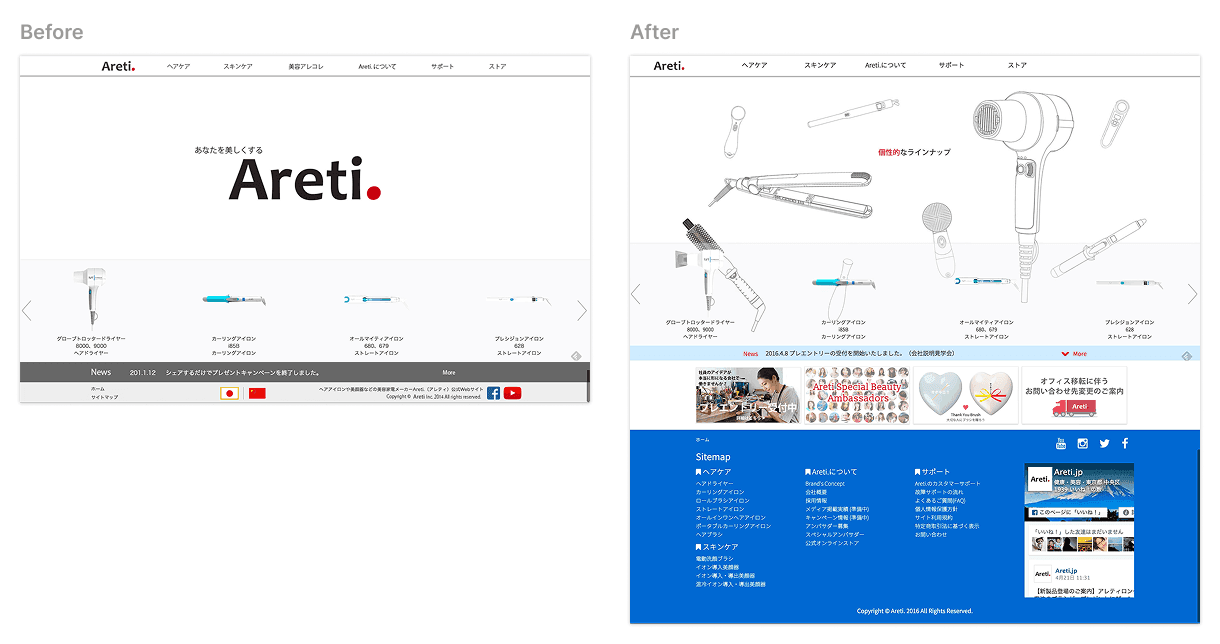 Before and after top page comparison for the beauty appliance brand site