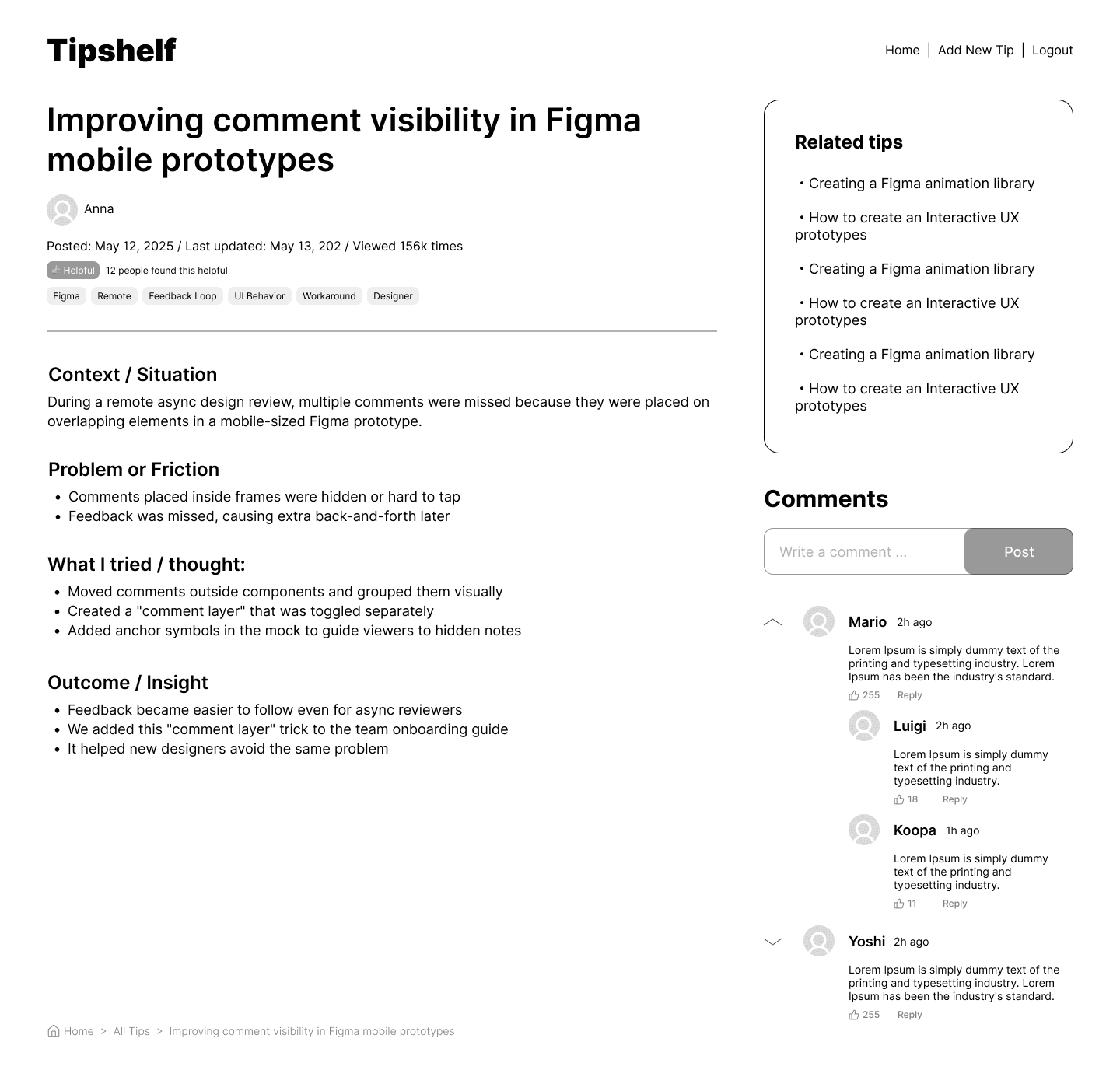 Tipshelf の投稿詳細ビュー