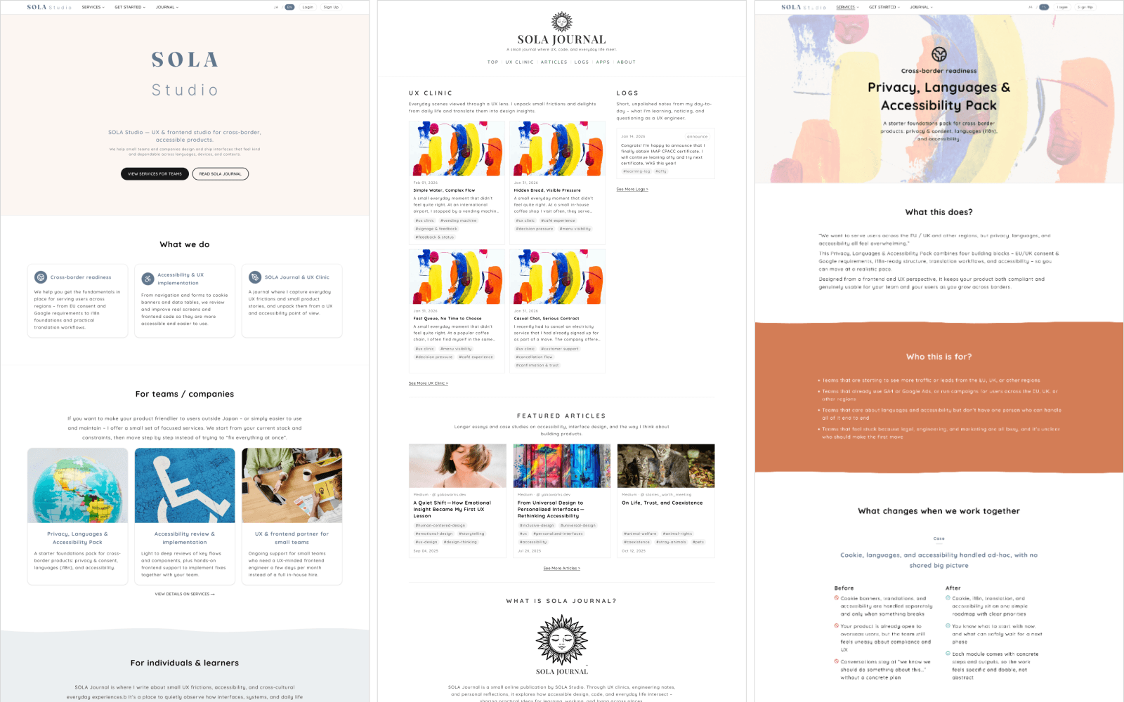 Sola Studio と SOLA Journal の設計・画面イメージ