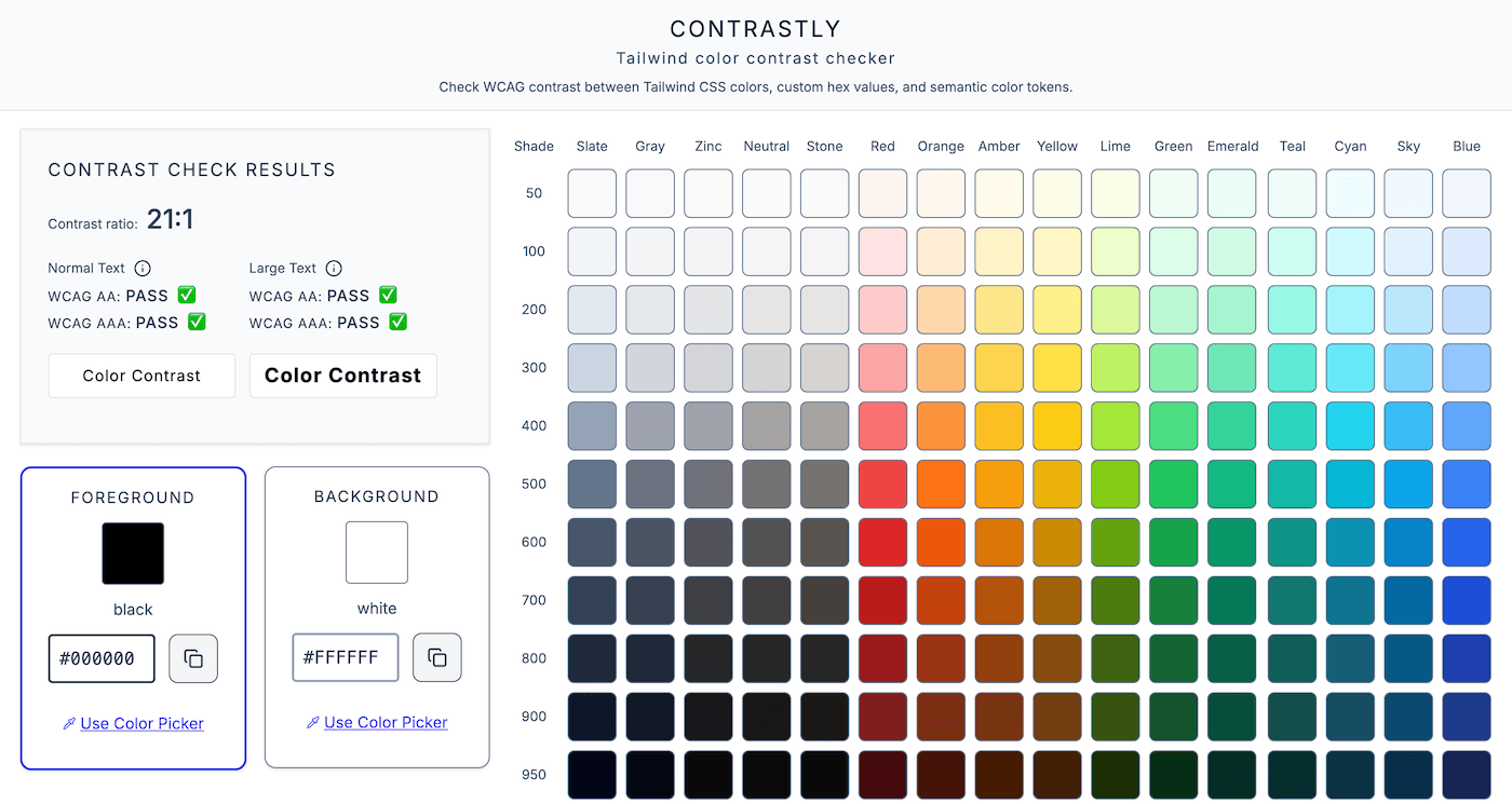 Color contrast checker with Tailwind palette grid